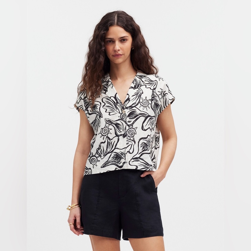MADEWELL Boxy Cap-Sleeve Shirt in 100% Linen Lighthouse Shell Print Size XS